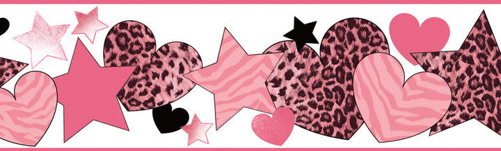 Diva Pink Cheetah Hearts Stars Wallpaper by Chesapeake Borders By Chesapeake Covers about 7.5 square feet 6-in by 15-ft long roll Prepasted 0 - Fabric Carolina -