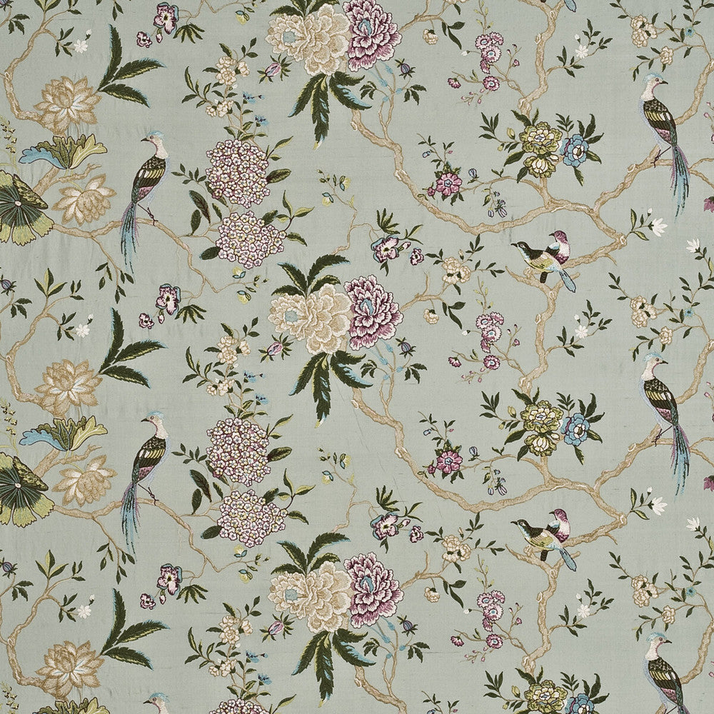 Oriental Bird Embroidery Silk Aqua/Multi by G P & J Baker Fabric HOLCOTT RAYON - 64%;SILK - 36% India - Horizontal: 52.402 and Vertical: 14.972 52.402 - Fabric Carolina -