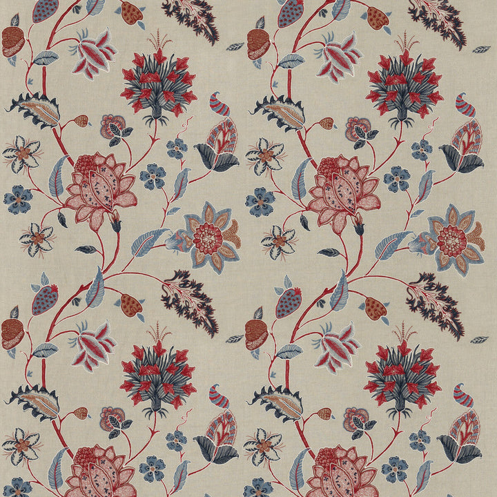 Baker'S Indienne Embroidery Indigo/Red by G P & J Baker Designer Fabric KESWICK EMBROIDERIES LINEN - 61%;VISCOSE - 21%;POLYESTER - 18% India Horizontal: 25.216 and Vertical: 30.732 50.432 - Swanky Fabrics -