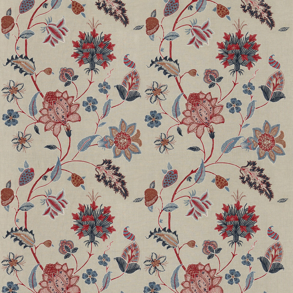 Baker'S Indienne Embroidery Indigo/Red by G P & J Baker Designer Fabric KESWICK EMBROIDERIES LINEN - 61%;VISCOSE - 21%;POLYESTER - 18% India Horizontal: 25.216 and Vertical: 30.732 50.432 - Swanky Fabrics -