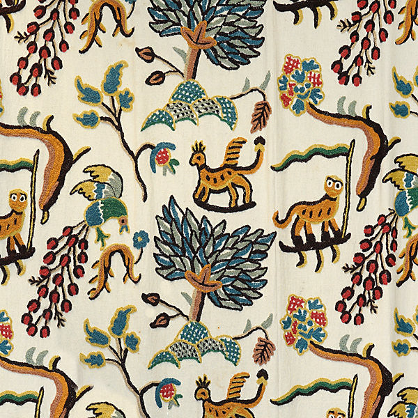 Fables - Jawahar Crewel/Blue/Multi 0031-001 by Old World Weavers Designer Fabric SCALAMANDRE WAREHOUSE 60% COTTON 40% WOOL INDIA LIGHT DUTY Horizontal: 17.5" and Vertical: 52" - Swanky Fabrics -