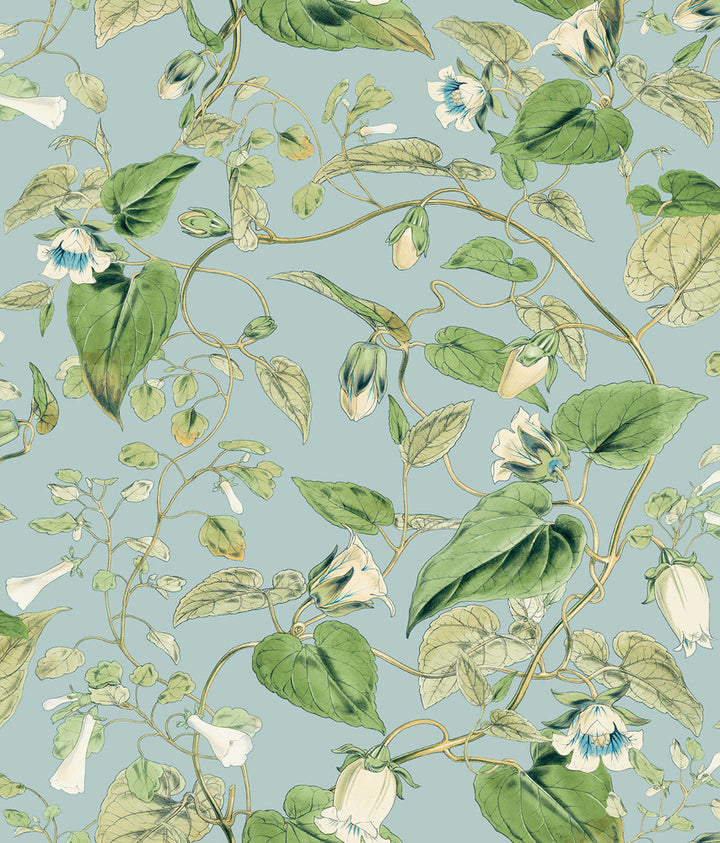 Moon Flower Sky Blue Wallpaper by York Wallcoverings Blooms Covers about 56.4 square feet 20.5-in by 33-ft long roll Unpasted 24 - Fabric Carolina -