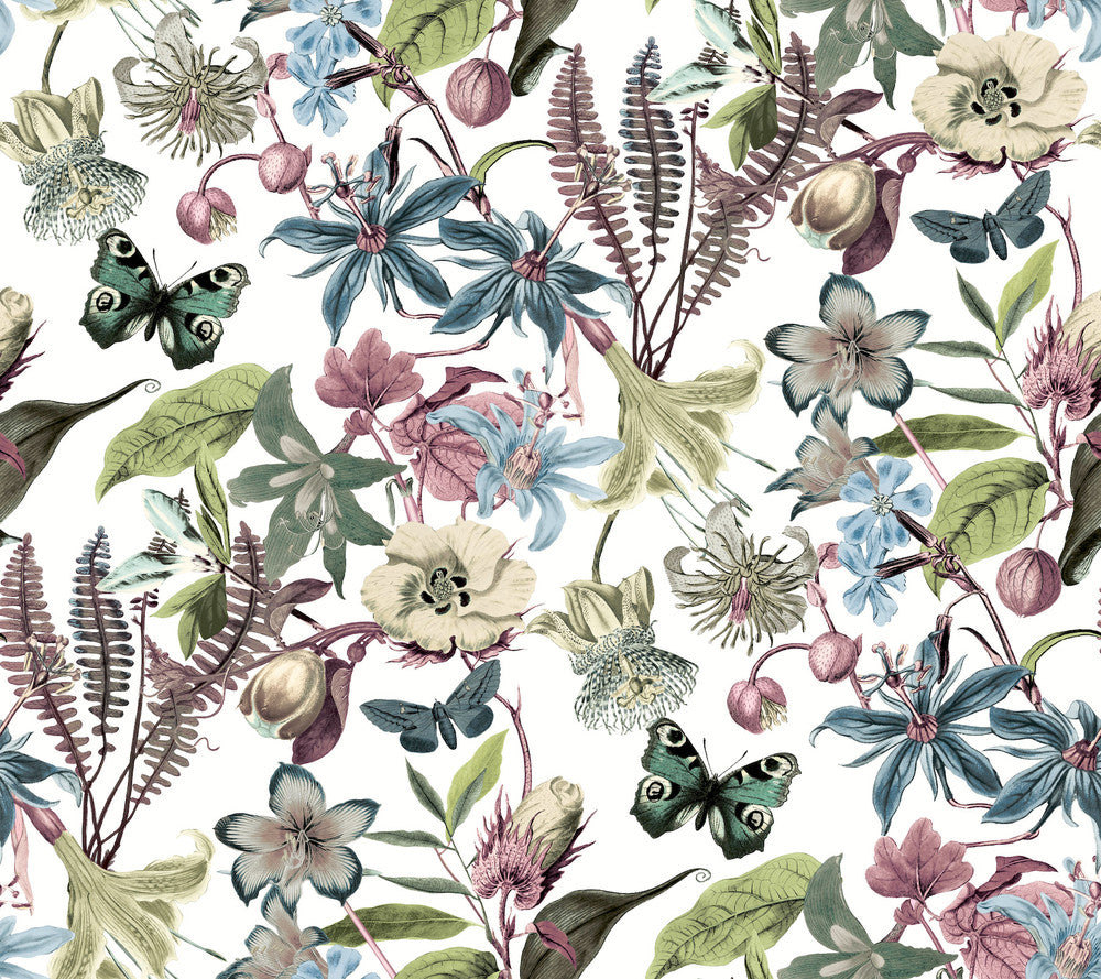 Butterfly House White & Fuchsia Wallpaper by York Wallcoverings Blooms Covers about 60.8 square feet 27-in by 27-ft long roll Unpasted 24 - Fabric Carolina -