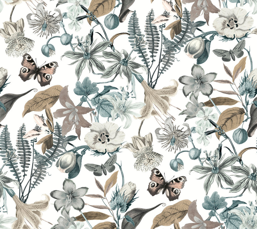 Butterfly House White & Blue Wallpaper by York Wallcoverings Blooms Covers about 60.8 square feet 27-in by 27-ft long roll Unpasted 24 - Fabric Carolina -