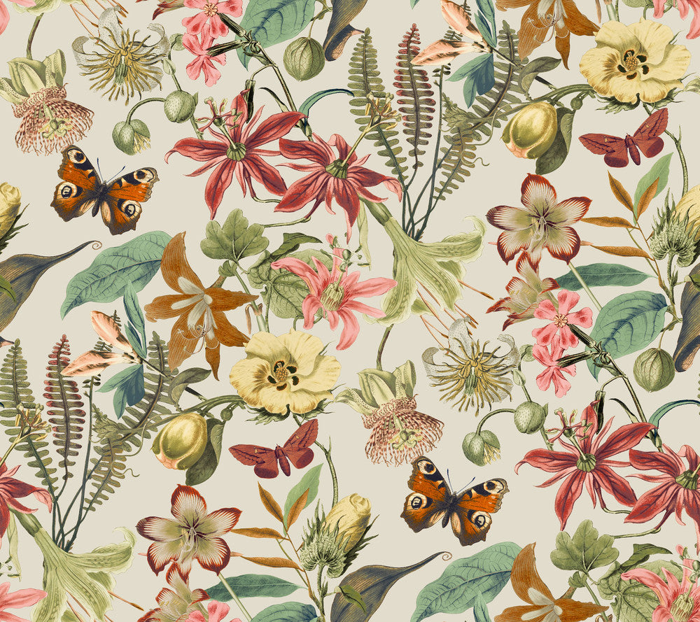 Butterfly House Light Taupe & Coral Wallpaper by York Wallcoverings Blooms Covers about 60.8 square feet 27-in by 27-ft long roll Unpasted 24 - Fabric Carolina -