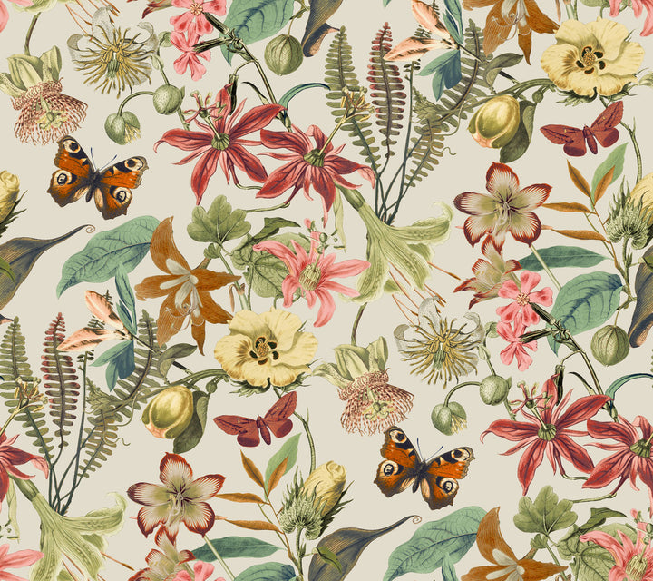 Butterfly House Light Taupe & Coral Wallpaper by York Wallcoverings Blooms Covers about 60.8 square feet 27-in by 27-ft long roll Unpasted 24 - Fabric Carolina -