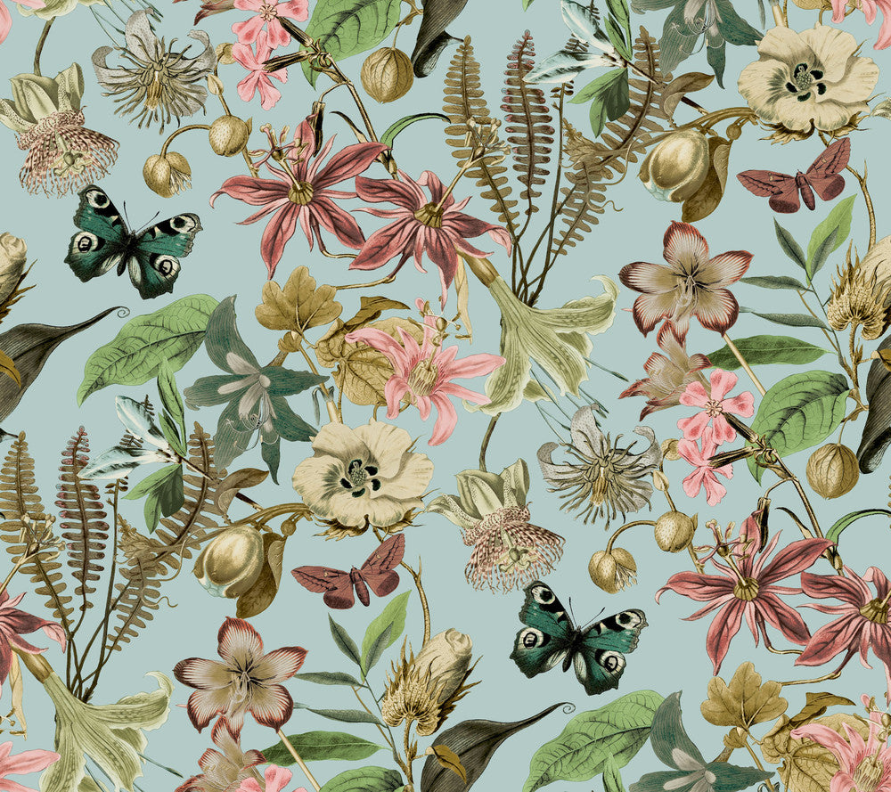 Butterfly House Sky Blue Wallpaper by York Wallcoverings Blooms Covers about 60.8 square feet 27-in by 27-ft long roll Unpasted 24 - Fabric Carolina -