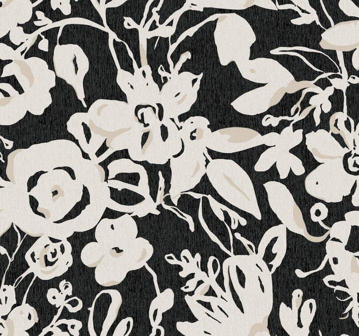 Brushstroke Floral Black Wallpaper by York Wallcoverings Blooms Covers about 60.8 square feet 27-in by 27-ft long roll Unpasted 25.25 - Fabric Carolina -