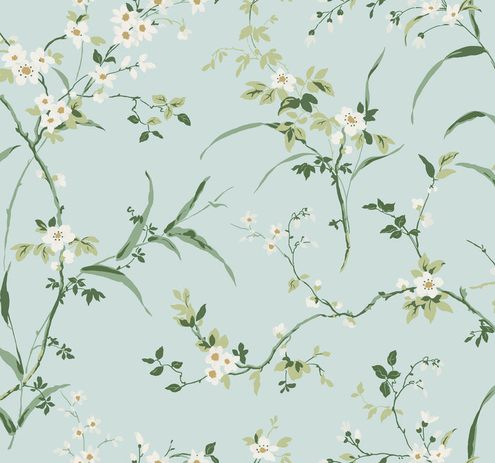 Blossom Branches Spa Blue Wallpaper by York Wallcoverings Blooms Covers about 60.8 square feet 27-in by 27-ft long roll Unpasted 25.25 - Fabric Carolina -