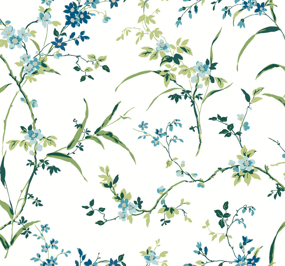Blossom Branches White & Blue Wallpaper by York Wallcoverings Blooms Covers about 60.8 square feet 27-in by 27-ft long roll Unpasted 25.25 - Fabric Carolina -