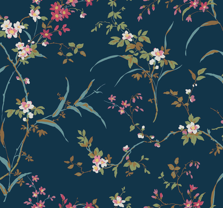 Blossom Branches Navy Wallpaper by York Wallcoverings Blooms Covers about 60.8 square feet 27-in by 27-ft long roll Unpasted 25.25 - Fabric Carolina -