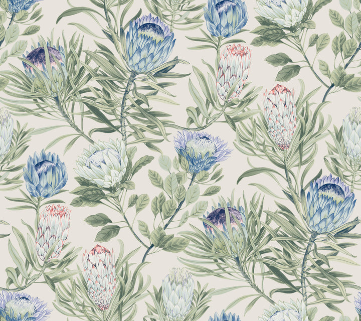 Protea Cream & Blue Wallpaper by York Wallcoverings Blooms Covers about 60.8 square feet 27-in by 27-ft long roll Unpasted 24 - Fabric Carolina -