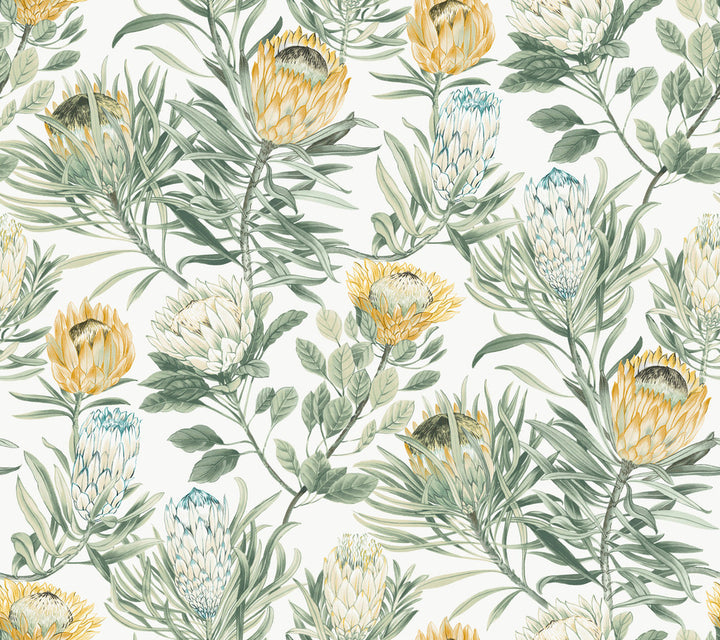 Protea White & Yellow Wallpaper by York Wallcoverings Blooms Covers about 60.8 square feet 27-in by 27-ft long roll Unpasted 24 - Fabric Carolina -