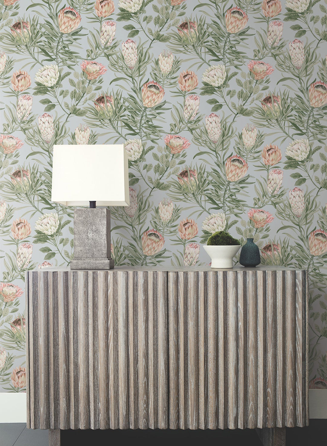 Protea Dusty Blue & Coral Wallpaper by York Wallcoverings Designer