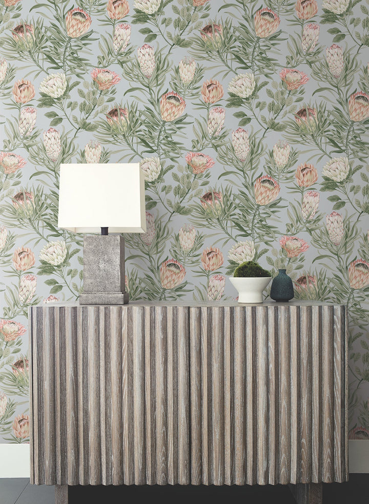 Protea Dusty Blue & Coral Wallpaper by York Wallcoverings Designer