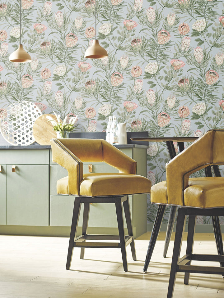 Protea Dusty Blue & Coral Wallpaper by York Wallcoverings Designer