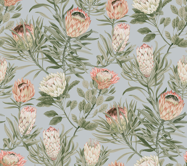 Protea Dusty Blue & Coral Wallpaper by York Wallcoverings Blooms Covers about 60.8 square feet 27-in by 27-ft long roll Unpasted 24 - Fabric Carolina -