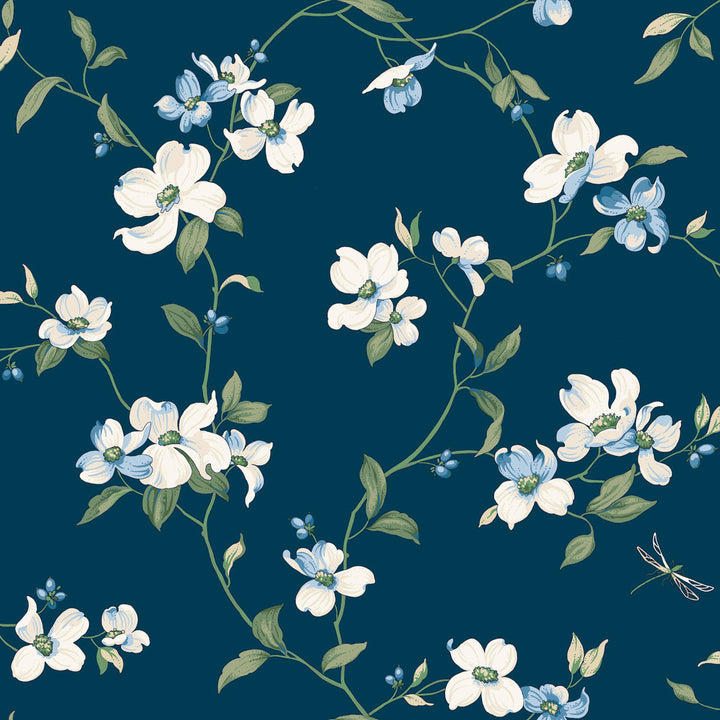 Dogwood Navy Wallpaper by York Wallcoverings Blooms Covers about 56.4 square feet 20.5-in by 33-ft long roll Unpasted 10.25 - Fabric Carolina -