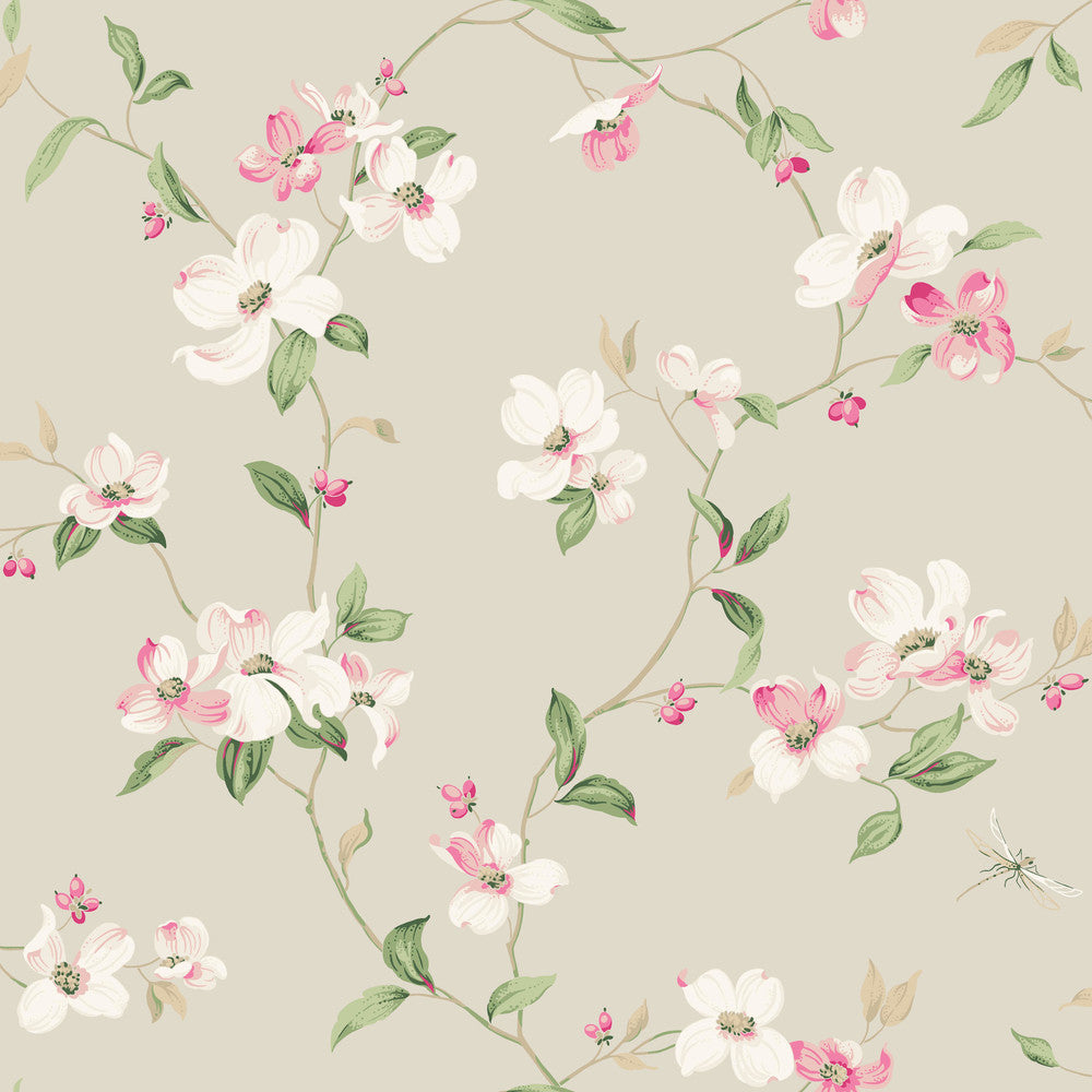Dogwood Taupe Wallpaper by York Wallcoverings Blooms Covers about 56.4 square feet 20.5-in by 33-ft long roll Unpasted 10.25 - Fabric Carolina -