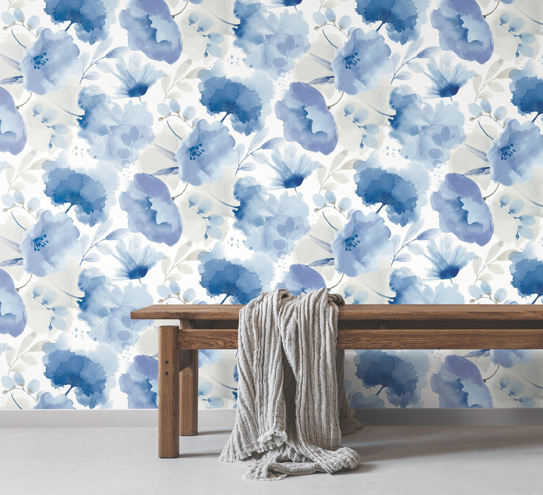 Watercolor Bouquet Cobalt Wallpaper by York Wallcoverings Designer