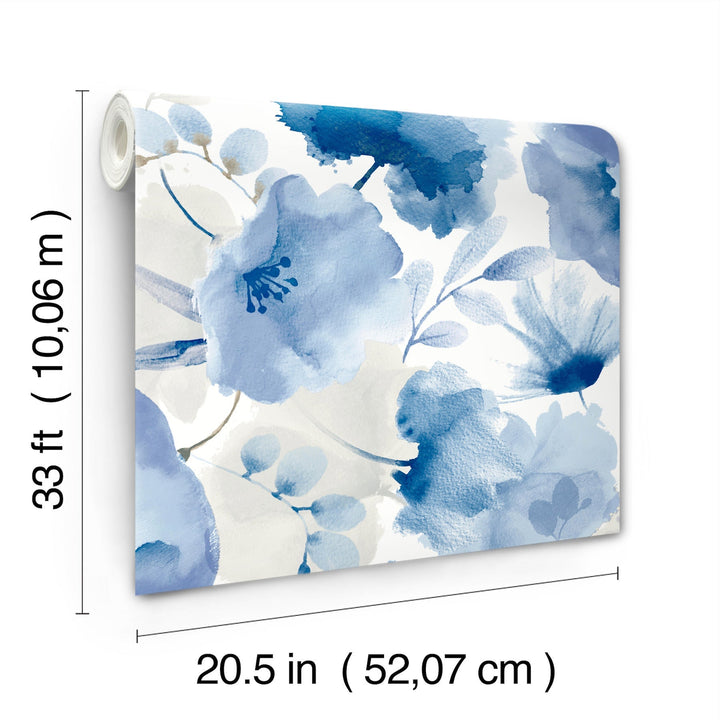 Watercolor Bouquet Cobalt Wallpaper by York Wallcoverings Designer