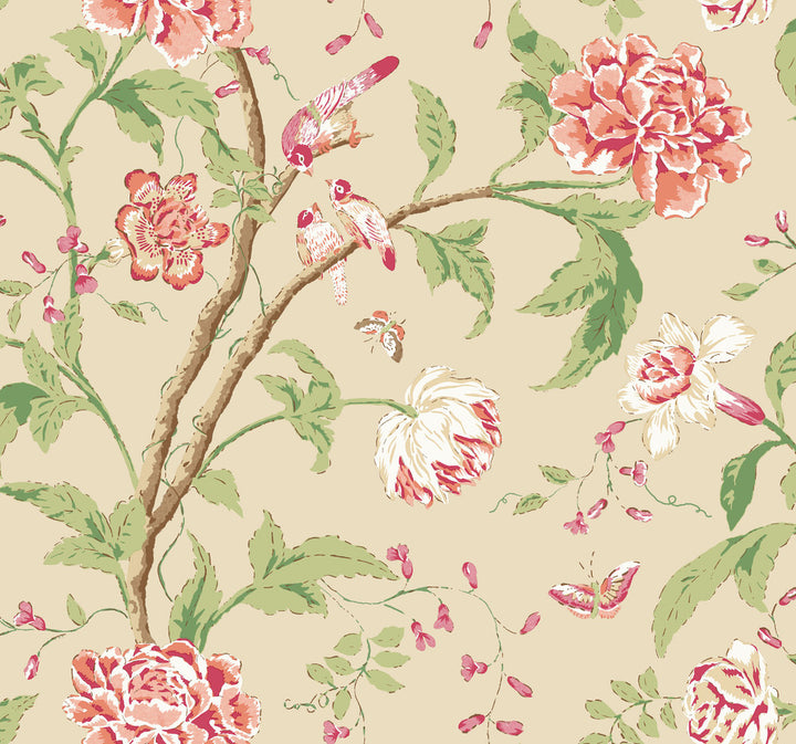 Teahouse Floral Cream & Coral Wallpaper by York Wallcoverings Blooms Covers about 60.8 square feet 27-in by 27-ft long roll Unpasted 25.25 - Fabric Carolina -
