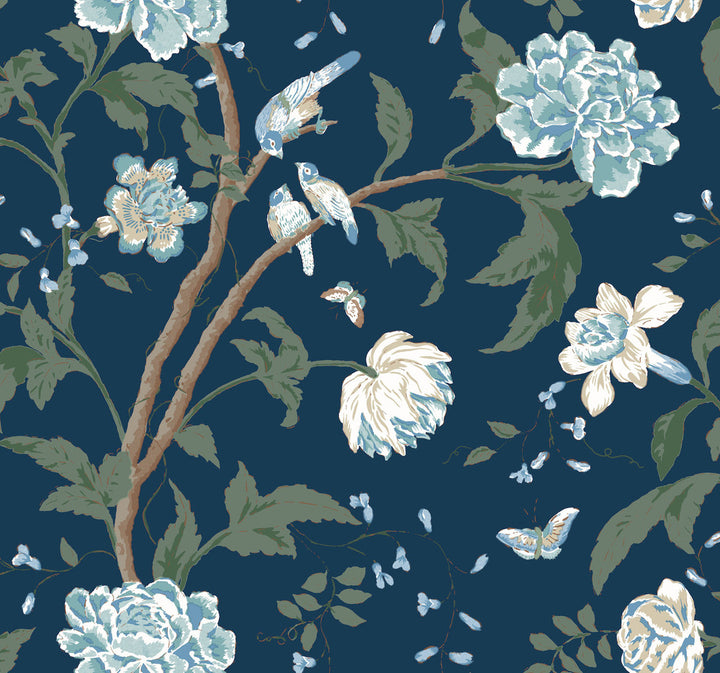Teahouse Floral Navy Wallpaper by York Wallcoverings Blooms Covers about 60.8 square feet 27-in by 27-ft long roll Unpasted 25.25 - Fabric Carolina -