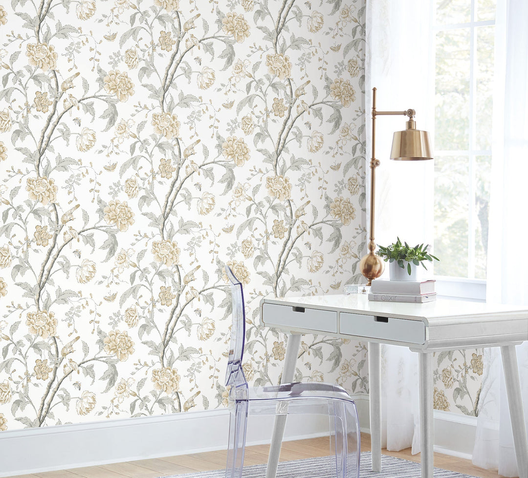 Teahouse Floral Neutral Wallpaper by York Wallcoverings Designer