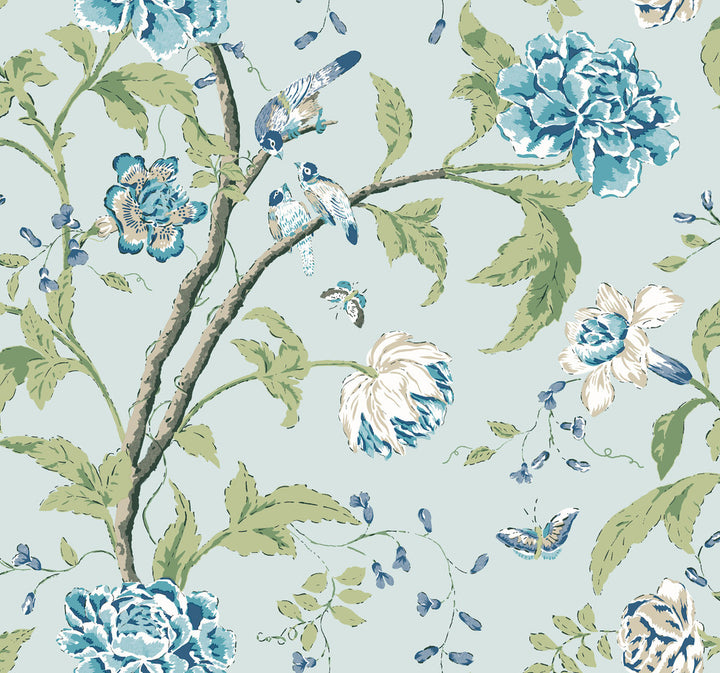 Teahouse Floral Light Blue Wallpaper by York Wallcoverings Blooms Covers about 60.8 square feet 27-in by 27-ft long roll Unpasted 25.25 - Fabric Carolina -