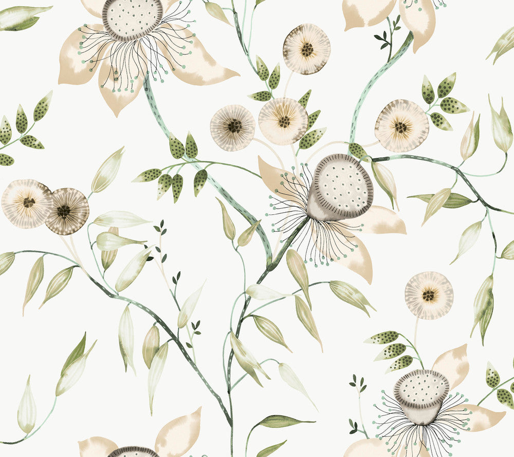 Dream Blossom White & Green Wallpaper by York Wallcoverings Blooms Covers about 60.8 square feet 27-in by 27-ft long roll Unpasted 24 - Fabric Carolina -