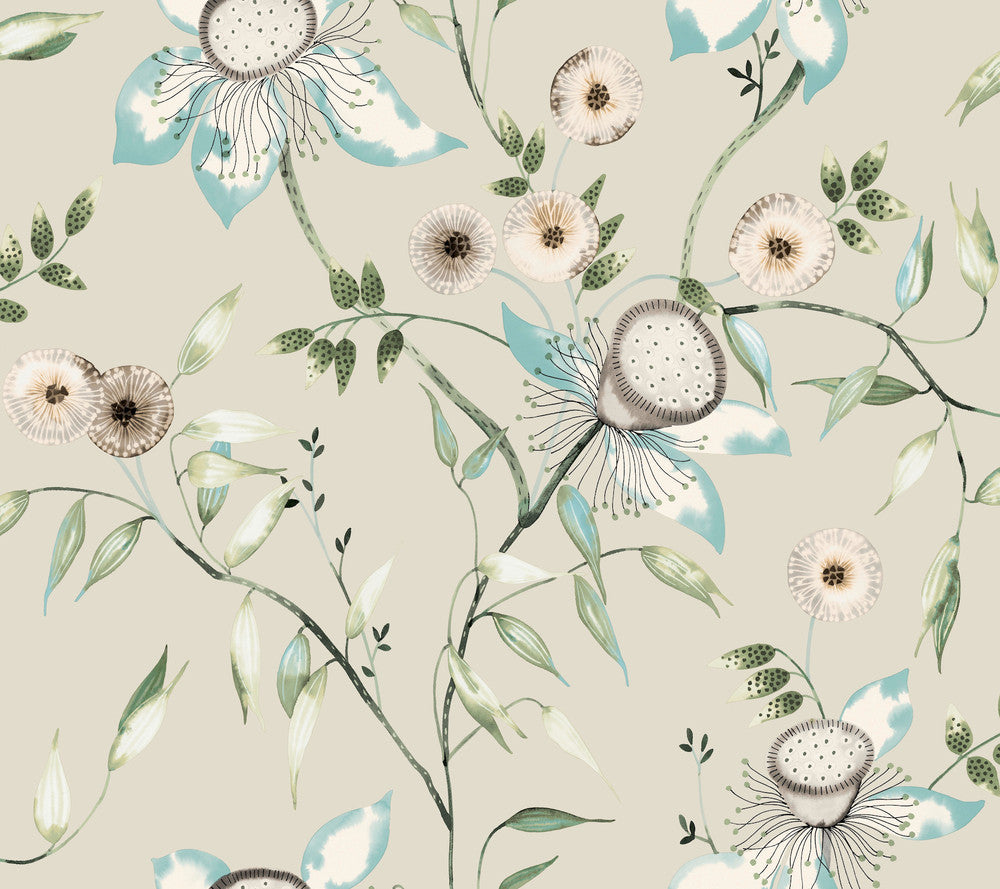 Dream Blossom Taupe & Aqua Wallpaper by York Wallcoverings Blooms Covers about 60.8 square feet 27-in by 27-ft long roll Unpasted 24 - Fabric Carolina -