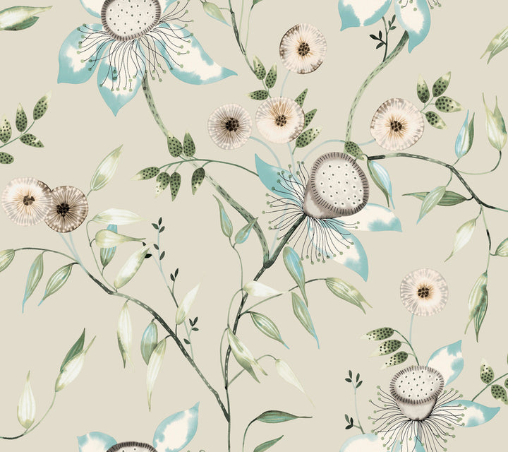 Dream Blossom Taupe & Aqua Wallpaper by York Wallcoverings Blooms Covers about 60.8 square feet 27-in by 27-ft long roll Unpasted 24 - Fabric Carolina -