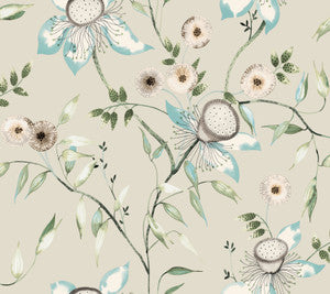Dream Blossom Taupe & Aqua Wallpaper by York Wallcoverings