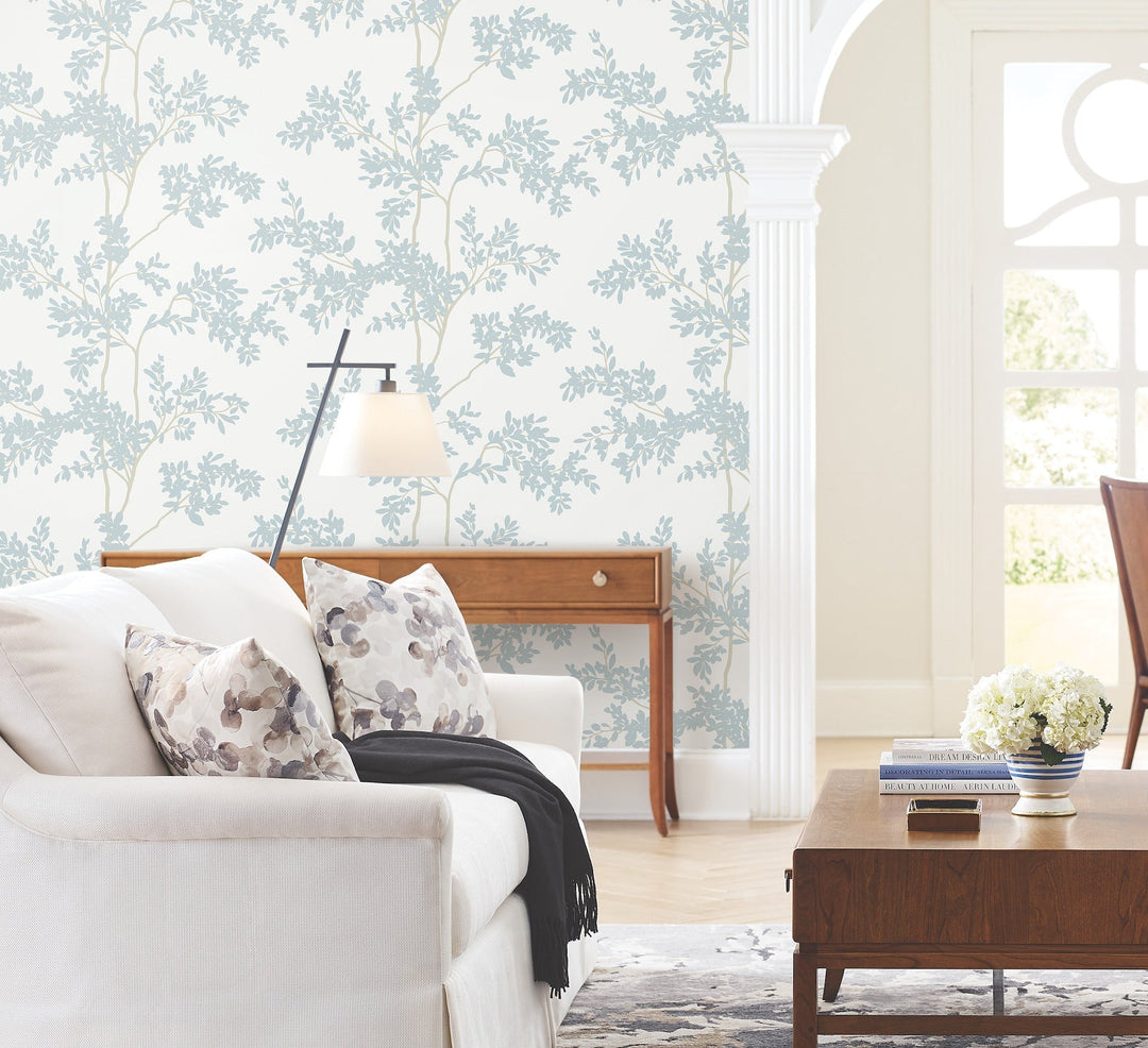 Lunaria Silhouette White & Cloud Blue Wallpaper by York Wallcoverings Designer
