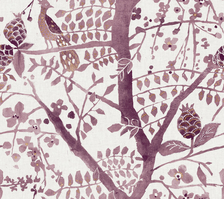 Peacock Block Print Purple Wallpaper by Antonina Vella Antonina Vella Boho Luxe Covers about 60.8 square feet 27-in by 27-ft long roll Unpasted 24 - Fabric Carolina -