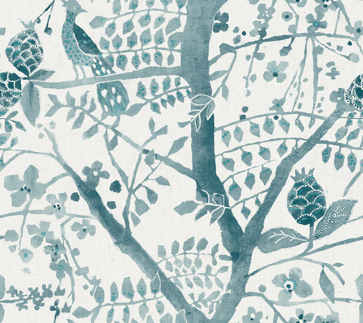 Peacock Block Print Teal Wallpaper by Antonina Vella Antonina Vella Boho Luxe Covers about 60.8 square feet 27-in by 27-ft long roll Unpasted 24 - Fabric Carolina -