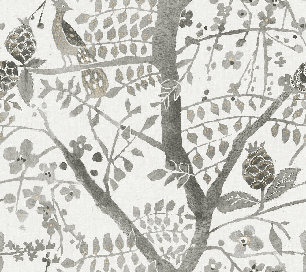 Peacock Block Print Grey Wallpaper by Antonina Vella Antonina Vella Boho Luxe Covers about 60.8 square feet 27-in by 27-ft long roll Unpasted 24 - Fabric Carolina -
