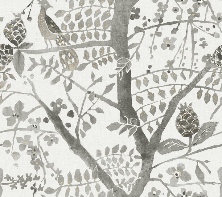 Peacock Block Print Grey Wallpaper by Antonina Vella Antonina Vella Boho Luxe Covers about 60.8 square feet 27-in by 27-ft long roll Unpasted 24 - Fabric Carolina -