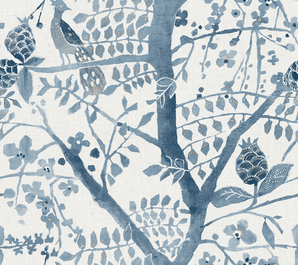 Peacock Block Print Blue Wallpaper by Antonina Vella Antonina Vella Boho Luxe Covers about 60.8 square feet 27-in by 27-ft long roll Unpasted 24 - Fabric Carolina -
