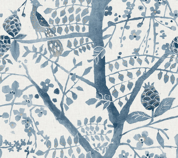 Peacock Block Print Blue Wallpaper by Antonina Vella Antonina Vella Boho Luxe Covers about 60.8 square feet 27-in by 27-ft long roll Unpasted 24 - Fabric Carolina -