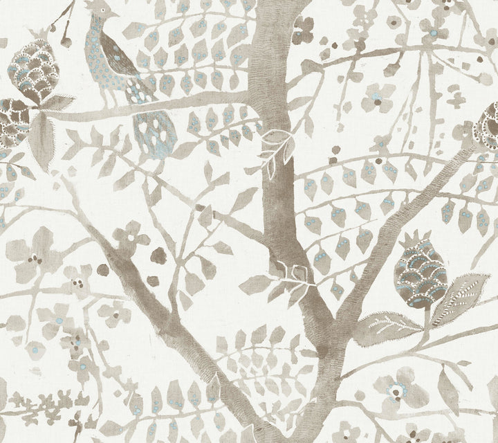 Peacock Block Print Off White Wallpaper by Antonina Vella Antonina Vella Boho Luxe Covers about 60.8 square feet 27-in by 27-ft long roll Unpasted 24 - Fabric Carolina -