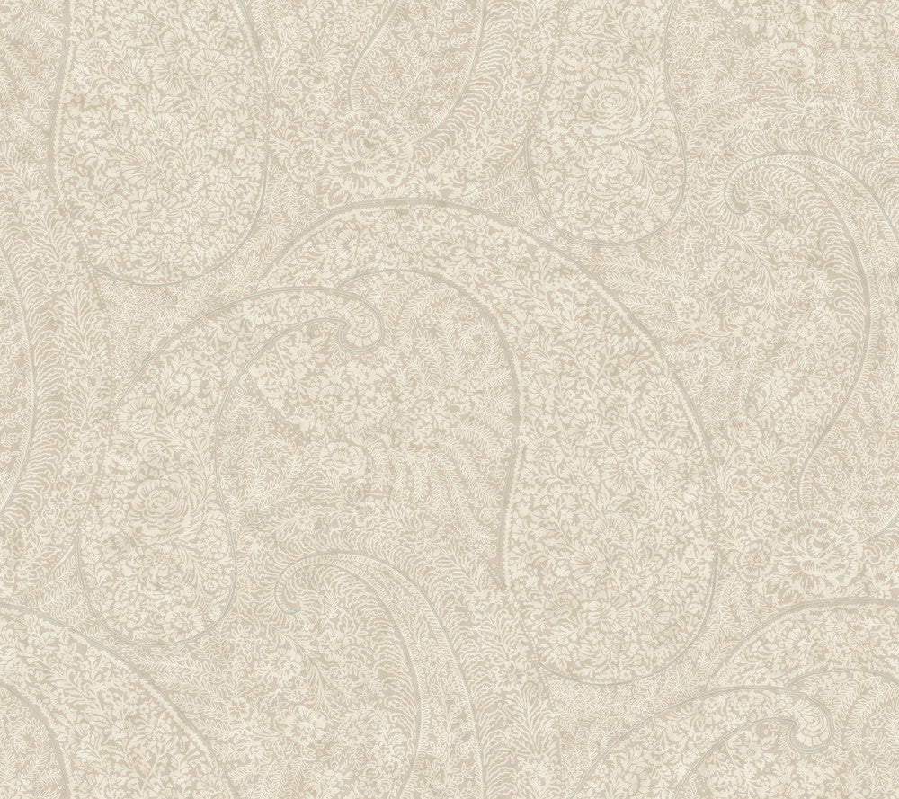 Kashmir Dreams Paisley Off White Wallpaper by Antonina Vella Antonina Vella Boho Luxe Covers about 60.8 square feet 27-in by 27-ft long roll Unpasted 24 - Fabric Carolina -