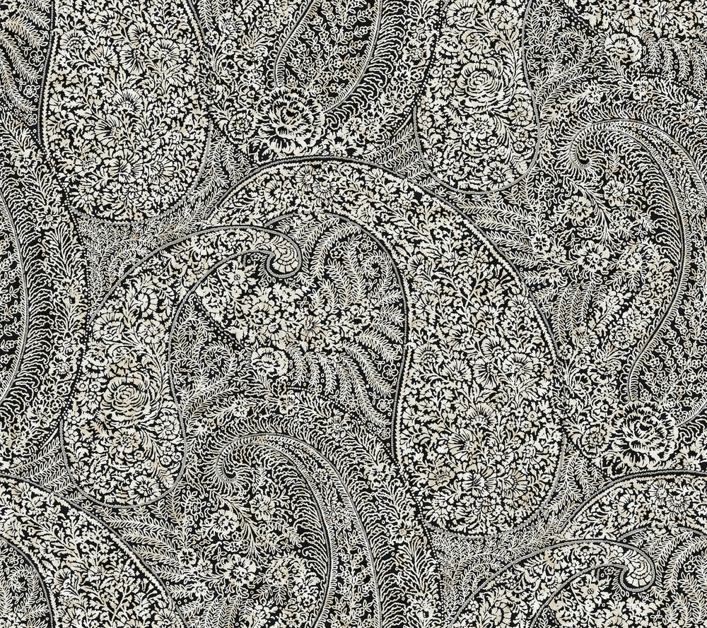 Kashmir Dreams Paisley Black Wallpaper by Antonina Vella Antonina Vella Boho Luxe Covers about 60.8 square feet 27-in by 27-ft long roll Unpasted 24 - Fabric Carolina -