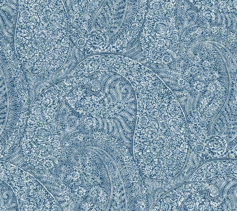 Kashmir Dreams Paisley Blue Wallpaper by Antonina Vella Antonina Vella Boho Luxe Covers about 60.8 square feet 27-in by 27-ft long roll Unpasted 24 - Fabric Carolina -
