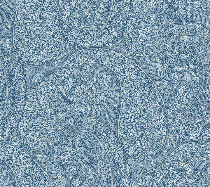 Kashmir Dreams Paisley Blue Wallpaper by Antonina Vella Antonina Vella Boho Luxe Covers about 60.8 square feet 27-in by 27-ft long roll Unpasted 24 - Fabric Carolina -