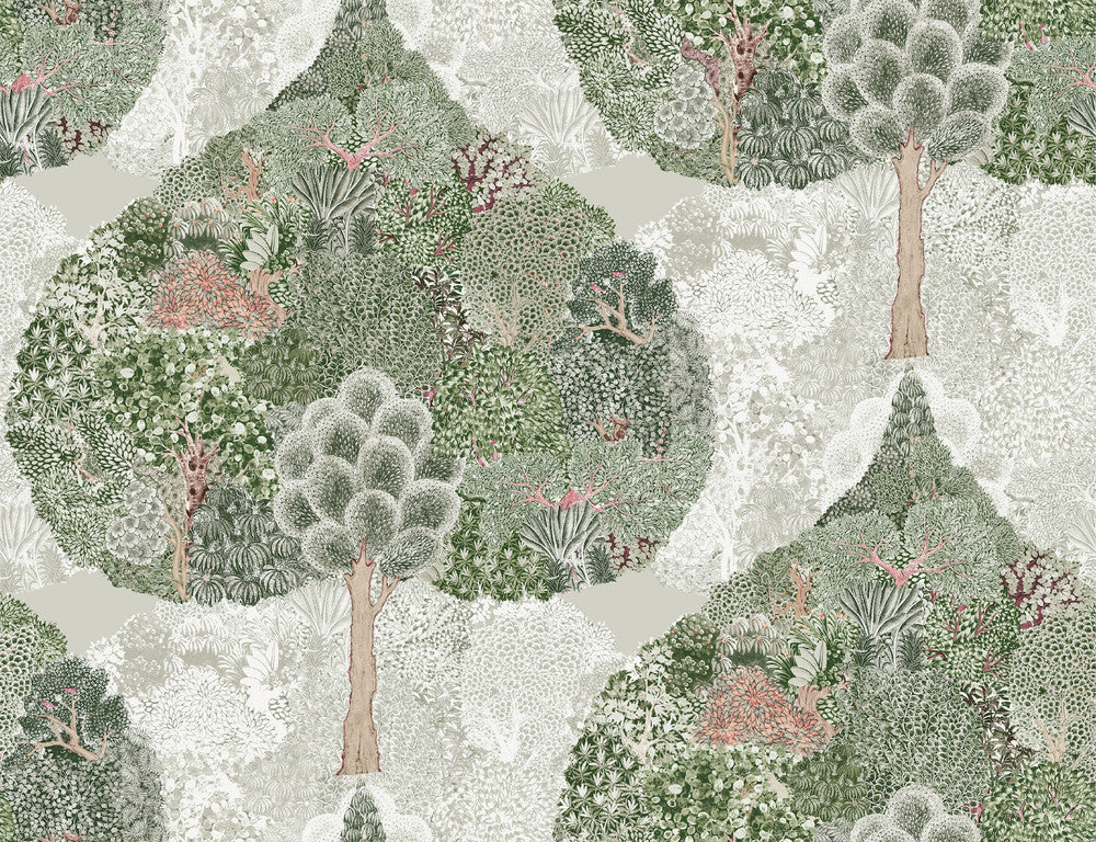 Mystic Forest Green & Coral Wallpaper by Antonina Vella Antonina Vella Boho Luxe Covers about 60.8 square feet 27-in by 27-ft long roll Unpasted 20.5 - Fabric Carolina -