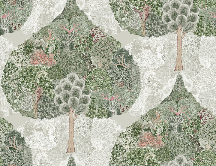 Mystic Forest Green & Coral Wallpaper by Antonina Vella Antonina Vella Boho Luxe Covers about 60.8 square feet 27-in by 27-ft long roll Unpasted 20.5 - Fabric Carolina -