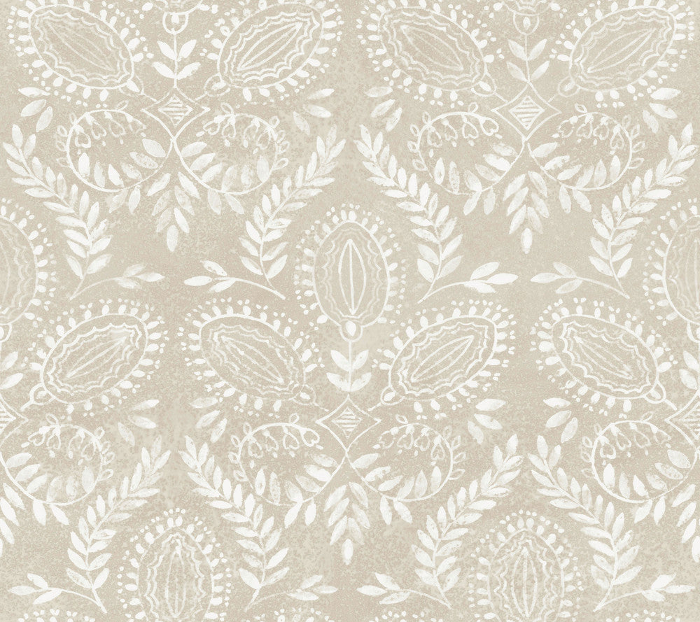 Laurel Damask Off White Wallpaper by Antonina Vella Antonina Vella Boho Luxe Covers about 60.8 square feet 27-in by 27-ft long roll Unpasted 24 - Fabric Carolina -