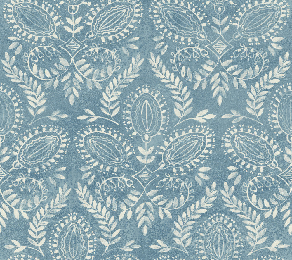 Laurel Damask Blue Wallpaper by Antonina Vella Antonina Vella Boho Luxe Covers about 60.8 square feet 27-in by 27-ft long roll Unpasted 24 - Fabric Carolina -