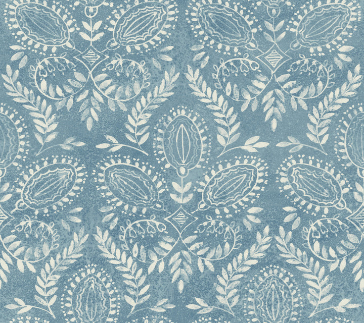 Laurel Damask Blue Wallpaper by Antonina Vella Antonina Vella Boho Luxe Covers about 60.8 square feet 27-in by 27-ft long roll Unpasted 24 - Fabric Carolina -